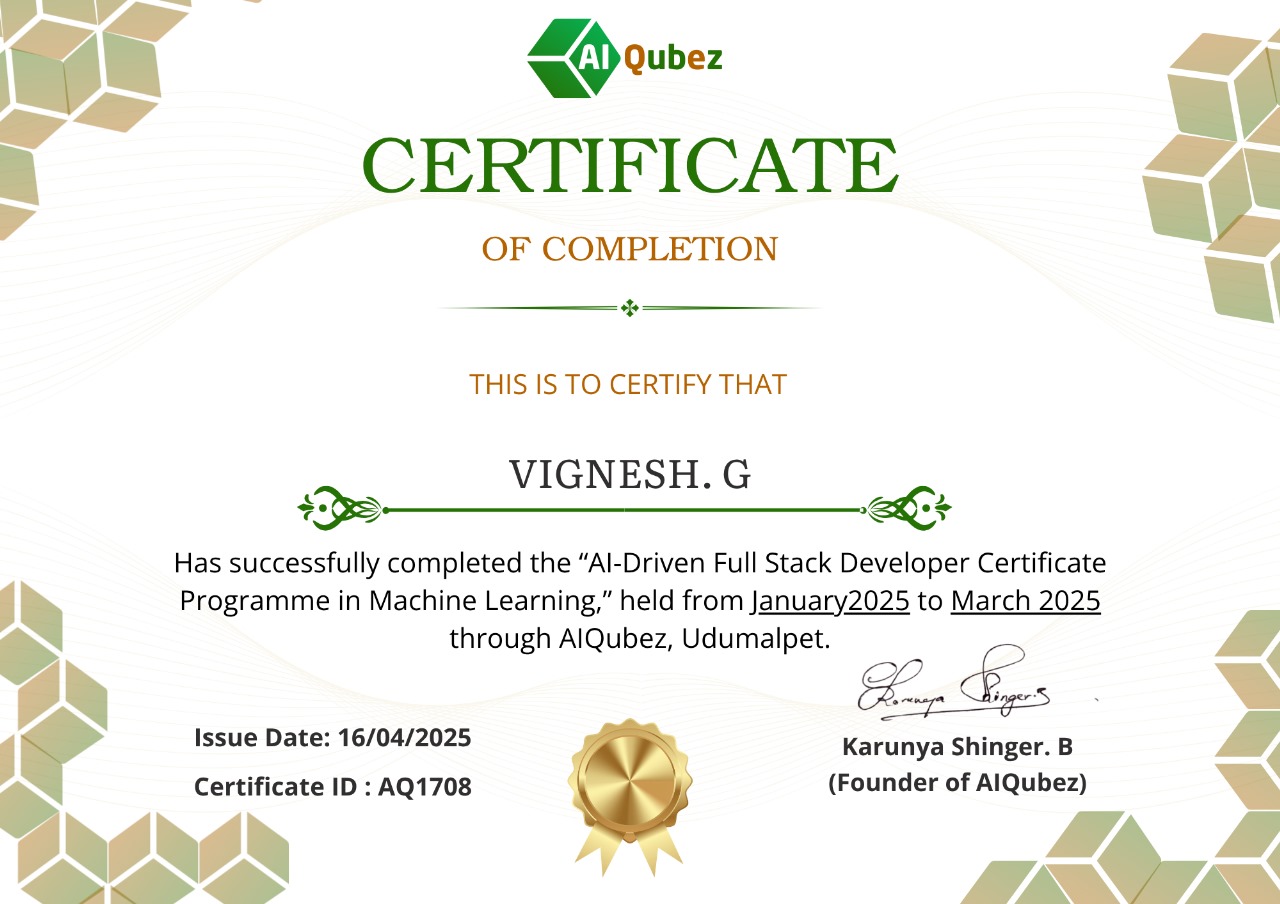 Vignesh AI-Driven Full Stack Developer Certificate - aiqubez
